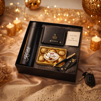 Personalized premium men’s gift set with wallet pen keychain and stainless steel bottle by Tohfa Riwaz