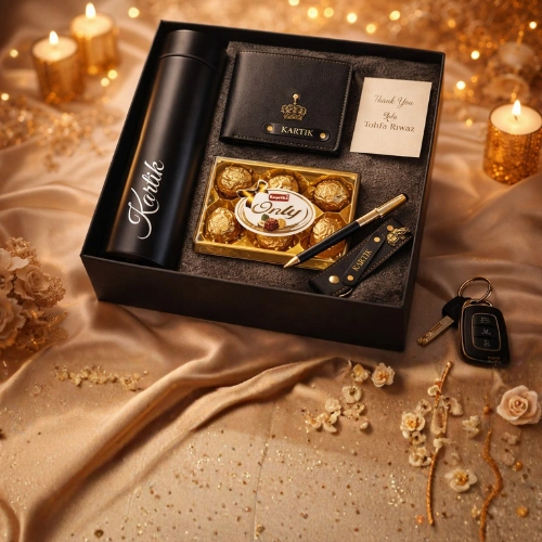 Personalized premium men’s gift set with wallet pen keychain and stainless steel bottle by Tohfa Riwaz