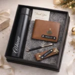 Customized men gift combo featuring leather wallet keychain pen and water bottle