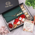 Personalized romantic gift hamper for her with premium ladies clutch teddy and chocolates by Tohfa Riwaz