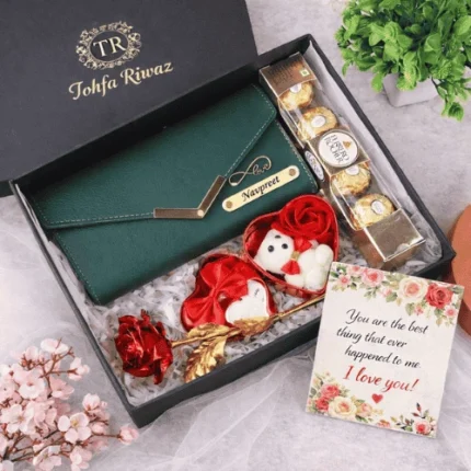 Personalized romantic gift hamper for her with premium ladies clutch teddy and chocolates by Tohfa Riwaz