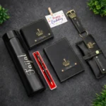 Personalized luxury gift hamper for men with custom name bottle wallet and notebook by Tohfa Riwaz