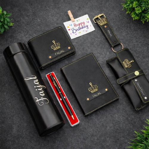 Personalized luxury gift hamper for men with custom name bottle wallet and notebook by Tohfa Riwaz