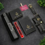 Personalized luxury gift hamper for men with custom name bottle wallet and notebook by Tohfa Riwaz