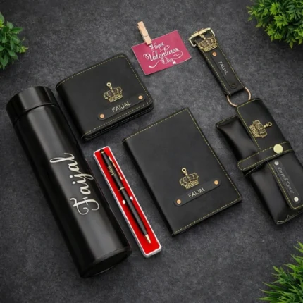 Personalized luxury gift hamper for men with custom name bottle wallet and notebook by Tohfa Riwaz