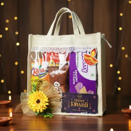 Decorative reusable eco bag gift hamper with chocolates and sweets Mohali