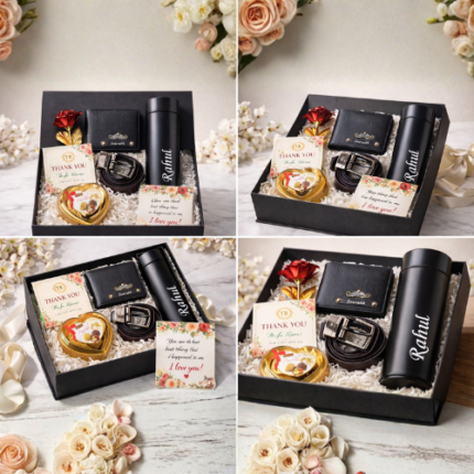 Premium men gift combo featuring custom wallet leather belt and chocolate box