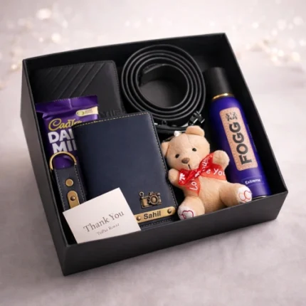 Premium personalized men’s gift hamper with wallet belt fogg deo and teddy by Tohfa Riwaz