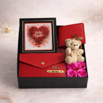 Romantic couple gift box featuring men and women wallets teddy bear and rose flowers