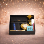 Luxury personalized couple gift hamper with clutch wallet golden rose and chocolates by Tohfa Riwaz