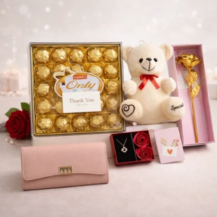 Luxury personalized gift hamper for her with ladies clutch teddy necklace and big chocolate box by Tohfa Riwaz