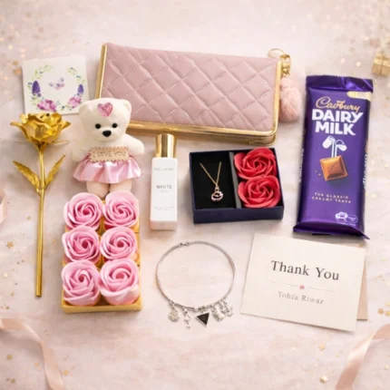 Romantic women’s gift box featuring premium clutch cute teddy rose and necklace