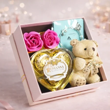 Romantic gift box featuring ladies wallet cute teddy rose and chocolate box