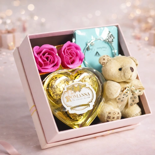 Romantic gift box featuring ladies wallet cute teddy rose and chocolate box