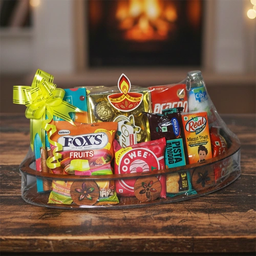 Premium wooden tray gift hamper with assorted sweets and dry fruits Mohali