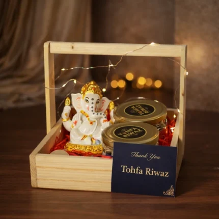 Decorative wooden tray gift hamper with Ganesh idol chocolates and dry fruits Mohali