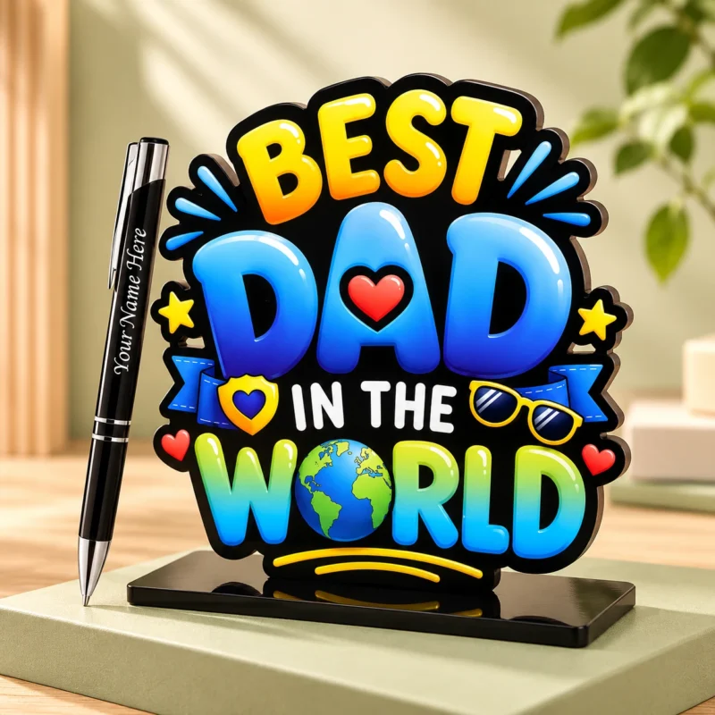 Best Dad in the World colourful desk plaque with a personalized black name pen gift combo.
