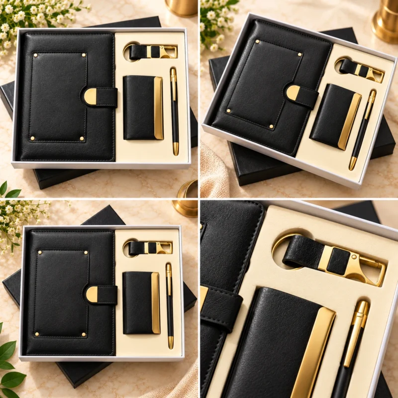 Premium black and gold personalized corporate gift set featuring a textured black leatherette notebook with a gold metal accent closure and decorative metal detailing, matching black and gold visiting card holder, elegant black metallic pen with gold accents, and premium gold metal keychain with black strap, arranged in a luxury white presentation box with ivory insert.