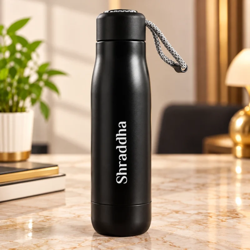 Premium matte black stainless steel insulated water bottle featuring personalized white name printing, secure screw-on lid and stylish grey braided carry loop, displayed in an elegant modern setting.