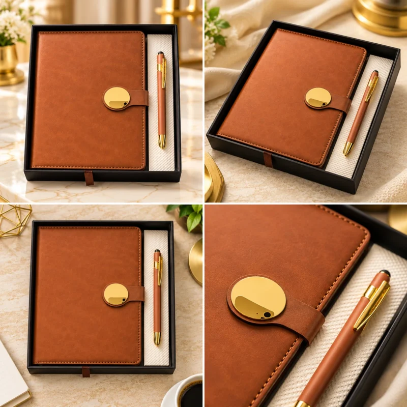 Premium brown executive diary and matching metal pen corporate gift set featuring a textured leatherette notebook with elegant round gold magnetic closure, brown stitching and matching gold-accented pen, presented in a luxury black gift box.