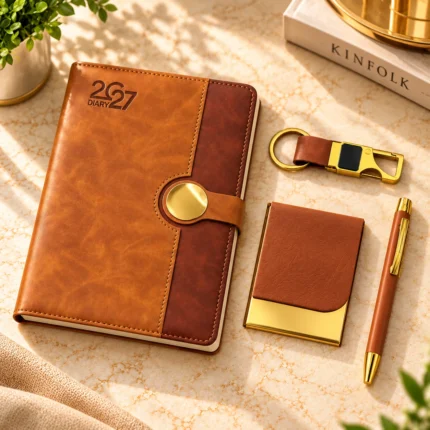 Premium brown executive diary 2027 corporate gift set featuring a textured leatherette planner with elegant magnetic flap closure, matching gold-accented metal pen, premium metal keychain and brown card holder, beautifully arranged in a luxury cream and gold presentation box.
