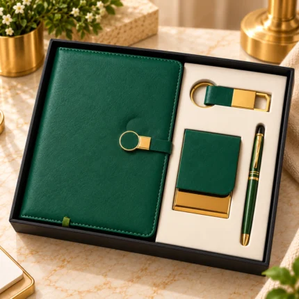 Premium emerald green personalized corporate gift set featuring a textured leatherette notebook with a golden circular metal closure, matching green and gold visiting card holder, elegant green metallic pen with gold detailing, and premium gold metal keychain with green strap, beautifully arranged in a luxury black presentation box with ivory insert.