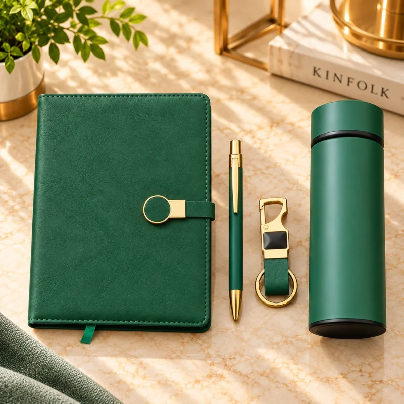 Premium green personalized corporate gift set featuring a textured leatherette notebook with golden circular metal closure, matching green insulated stainless steel travel tumbler, elegant green and gold metallic pen, and premium metal keychain with green strap, arranged in a luxury black presentation box.