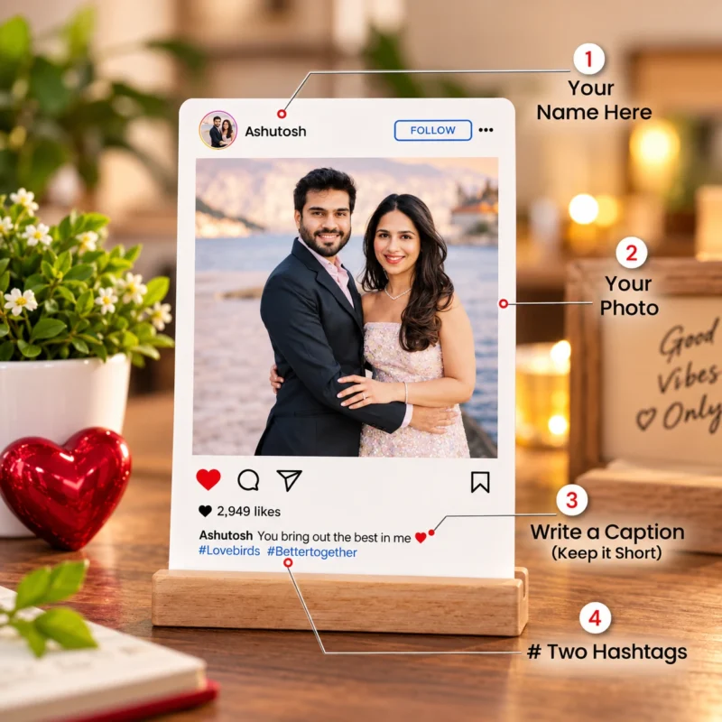 Personalized Instagram-style photo frame with custom couple photograph, editable name, romantic caption, two hashtags and wooden display stand.