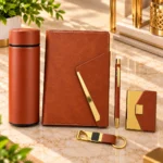 Premium brown leatherette corporate gift hamper featuring a personalized diary, insulated bottle, matching metal pen, keychain and card holder in an elegant presentation box.