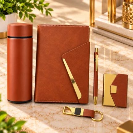 Premium brown leatherette corporate gift hamper featuring a personalized diary, insulated bottle, matching metal pen, keychain and card holder in an elegant presentation box.