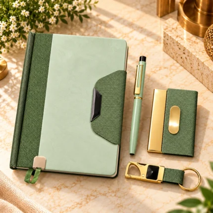 Premium mint green personalized corporate gift set featuring a two-tone textured leatherette notebook with dark green patterned side panel and magnetic closure, matching green and gold visiting card holder, elegant mint green metallic pen with gold detailing, and premium gold metal keychain with matching green strap, arranged in a luxury black presentation box.