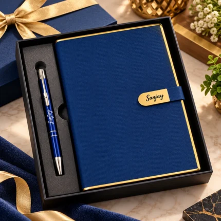 Premium navy blue personalized notebook with gold border and custom nameplate paired with a matching blue metal pen in an elegant black gift box.