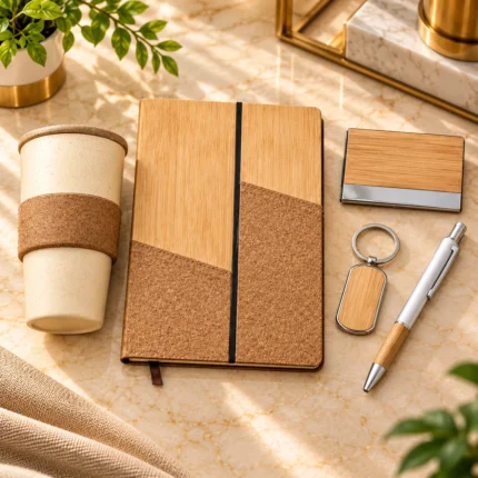 Eco-friendly corporate gift set featuring a bamboo-finish hardcover notebook with cork detailing, reusable travel mug with cork grip, matching bamboo visiting card holder, wooden keychain and silver metallic pen with bamboo accents, arranged in a premium kraft presentation box.