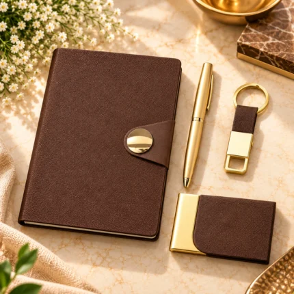 Premium brown executive corporate gift set featuring a textured hardcover notebook with a golden magnetic-style closure, matching gold metallic pen, personalized brown and gold visiting card holder, and matching leather-finish metal keychain, beautifully presented in a luxury gift box with cream cushioning.