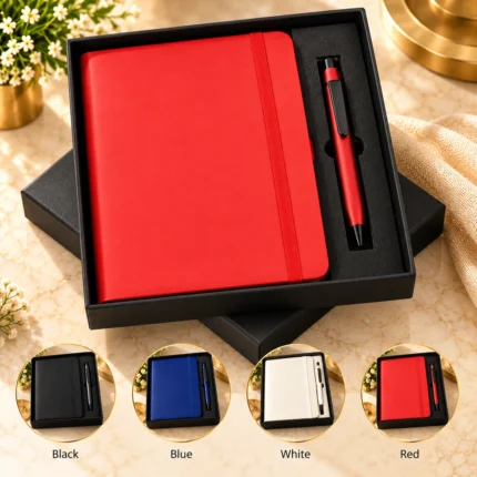 Personalized notebook and matching metal pen gift set in a premium black presentation box, available in black, blue, white and red colours.