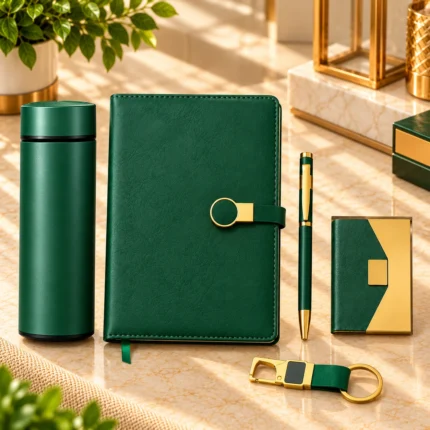 Premium green personalized corporate gift set featuring a textured hardcover notebook with golden metal closure, matching insulated stainless steel bottle, green metallic pen, two-tone green and gold visiting card holder, and customized metal keychain with green strap, presented in an elegant golden presentation box.
