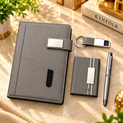 Premium grey personalized corporate gift set featuring a textured leatherette notebook with metallic silver nameplate closure, matching business card holder, silver metallic pen and customized metal keychain with grey strap, beautifully arranged in a luxury black presentation box with gold lettering.