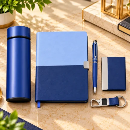 Premium blue personalized corporate gift hamper featuring a dual-tone hardcover notebook, insulated stainless steel bottle, matching metal pen, visiting card holder and customized metal keychain, arranged in a premium black presentation box.