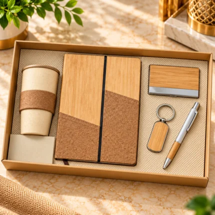 Eco-friendly corporate gift set featuring a bamboo-finish hardcover notebook with cork detailing, reusable travel mug with cork grip, matching bamboo visiting card holder, wooden keychain and silver metallic pen with bamboo accents, arranged in a premium kraft presentation box.