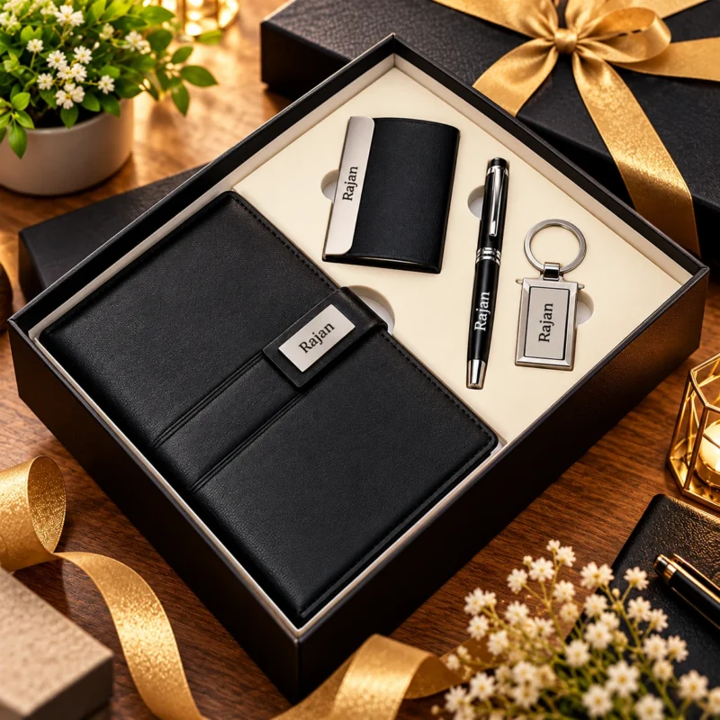 Premium black personalized corporate gift set featuring a wallet, card holder, metal pen and keychain with custom name engraving in an elegant black gift box.