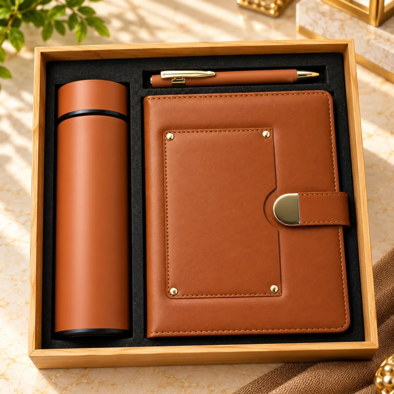 Premium brown corporate gift set featuring a leatherette executive diary with personalized nameplate, matching insulated bottle and metallic finish pen in a wooden presentation box.