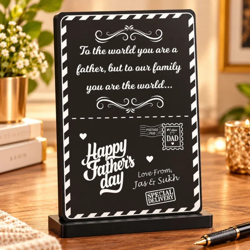 Father's Day desk plaque featuring a heartfelt family message, personalized names and postcard-style design with display base.