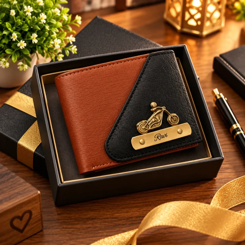 Personalized men's leather wallet gift set featuring a black and brown dual-tone wallet, golden motorcycle emblem and custom engraved name Ravi, presented in a premium black gift box.
