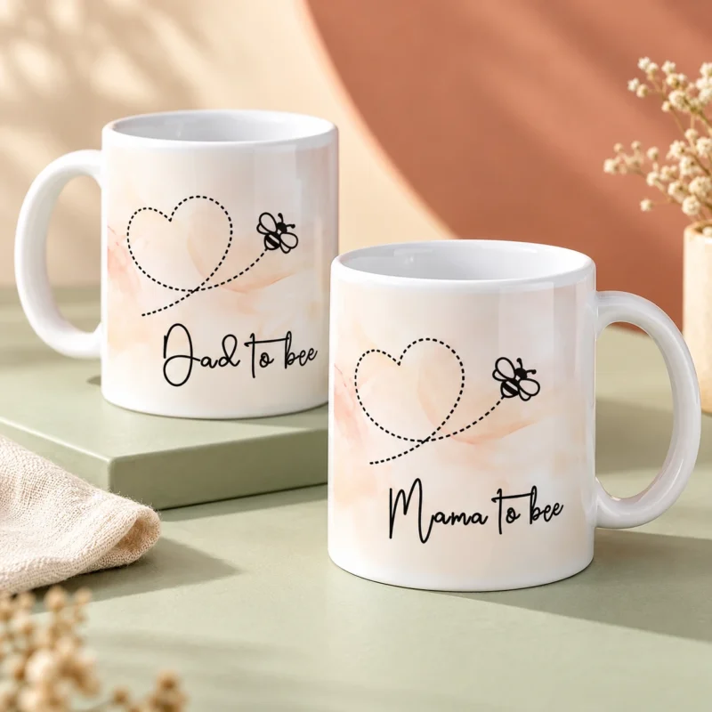 Set of two personalized white ceramic coffee mugs for Mama to Bee and Dad to Bee featuring matching heart and bee illustrations with elegant lettering.