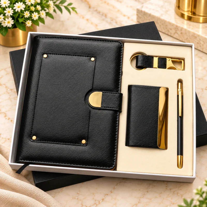 Premium black and gold personalized corporate gift set featuring a textured black leatherette notebook with a gold metal accent closure and decorative metal detailing, matching black and gold visiting card holder, elegant black metallic pen with gold accents, and premium gold metal keychain with black strap, arranged in a luxury white presentation box with ivory insert.