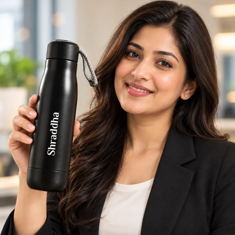 Premium matte black stainless steel insulated water bottle featuring personalized white name printing, secure screw-on lid and stylish grey braided carry loop, displayed in an elegant modern setting.