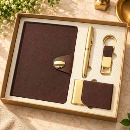 Premium brown executive corporate gift set featuring a textured hardcover notebook with a golden magnetic-style closure, matching gold metallic pen, personalized brown and gold visiting card holder, and matching leather-finish metal keychain, beautifully presented in a luxury gift box with cream cushioning.