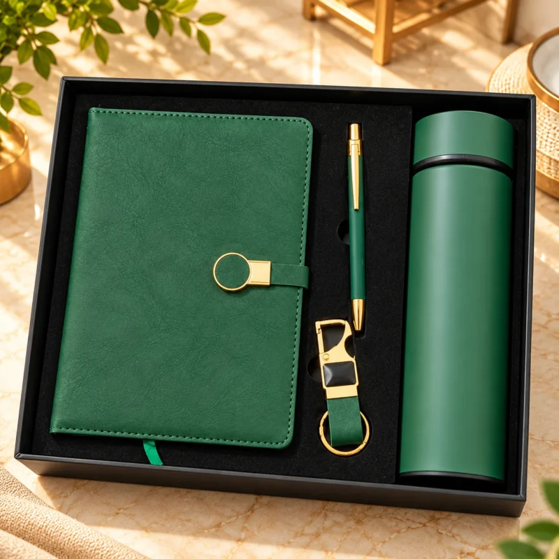 Premium green personalized corporate gift set featuring a textured leatherette notebook with golden circular metal closure, matching green insulated stainless steel travel tumbler, elegant green and gold metallic pen, and premium metal keychain with green strap, arranged in a luxury black presentation box.