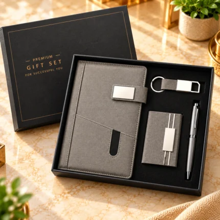 Premium grey personalized corporate gift set featuring a textured leatherette notebook with metallic silver nameplate closure, matching business card holder, silver metallic pen and customized metal keychain with grey strap, beautifully arranged in a luxury black presentation box with gold lettering.
