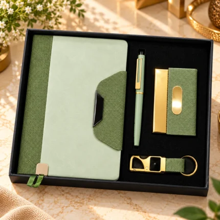 Premium mint green personalized corporate gift set featuring a two-tone textured leatherette notebook with dark green patterned side panel and magnetic closure, matching green and gold visiting card holder, elegant mint green metallic pen with gold detailing, and premium gold metal keychain with matching green strap, arranged in a luxury black presentation box.